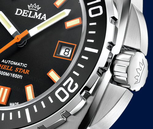 Detail shot of Delma Shell Star Automatic diver's watch in stainless steel
