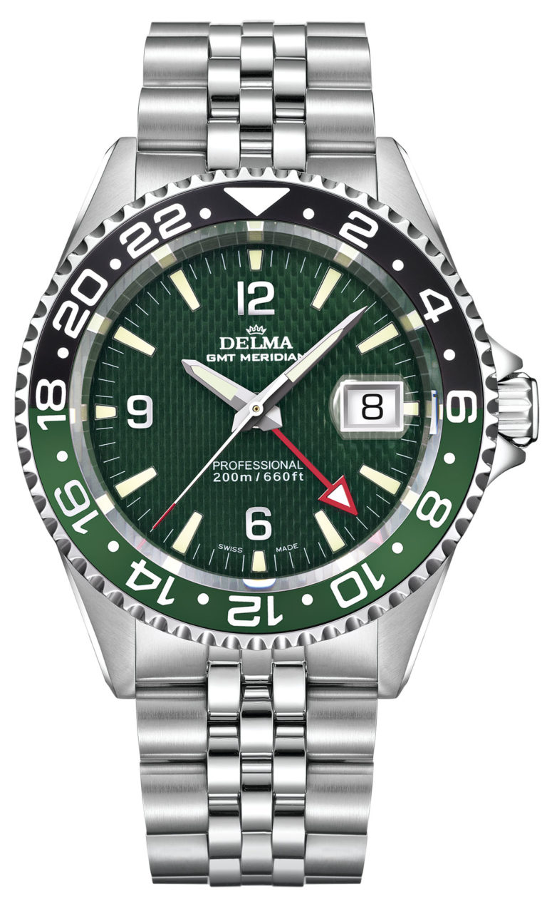 Delma Santiago GMT watch with 2nd timezone indicator, green dial