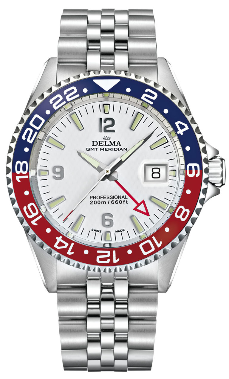 Delma Santiago GMT watch with 2nd timezone indicator, white dial