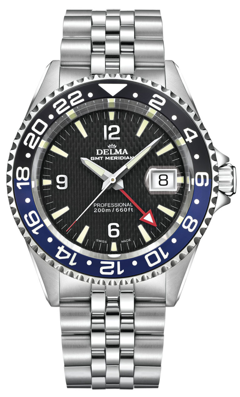 Delma Santiago GMT watch with 2nd timezone indicator, black dial