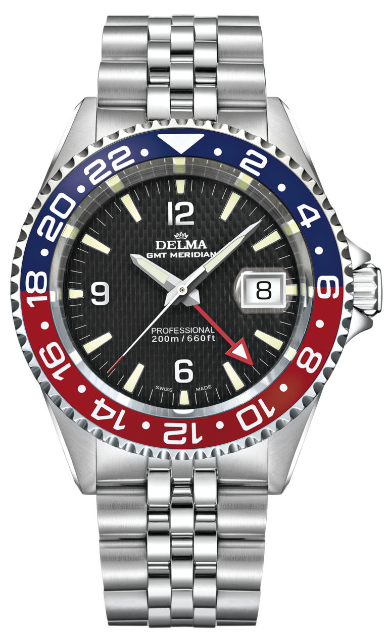 Delma Santiago GMT watch with 2nd timezone indicator, black dial