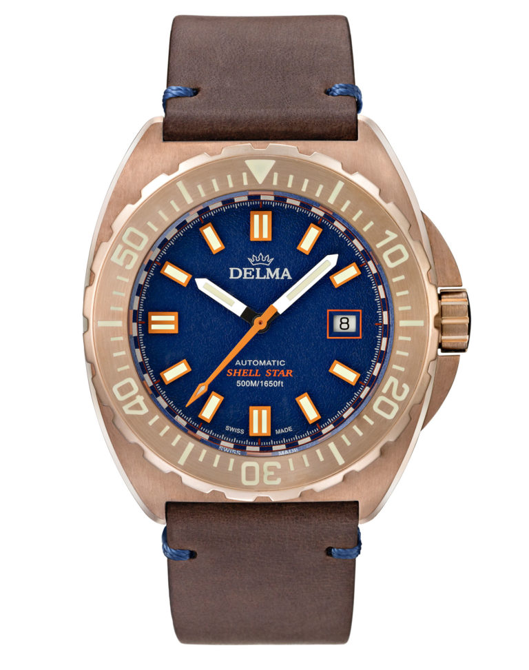 Delma Shell Star Bronze divers' watch with blue dial and brown leather strap