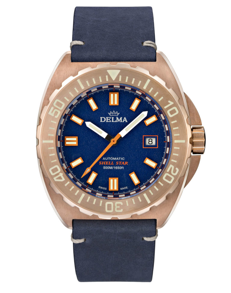 Delma Shell Star Bronze divers' watch with blue dial and blue leather strap