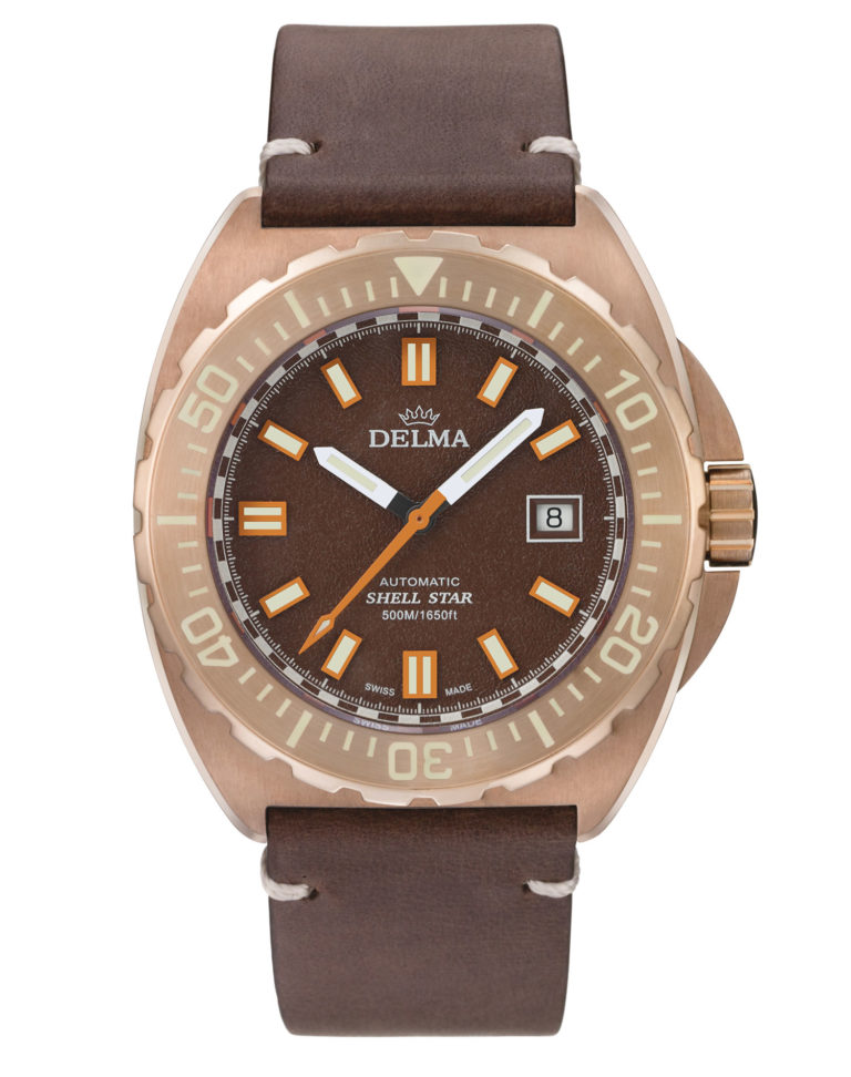 Delma Shell Star Bronze divers' watch with brown dial and brown leather strap