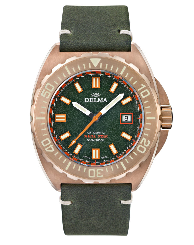 Delma Shell Star Bronze divers' watch with green dial and green leather strap