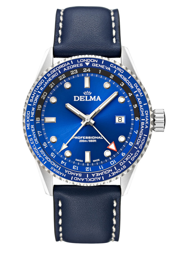 Delma Cayman Worldtimer with blue dial