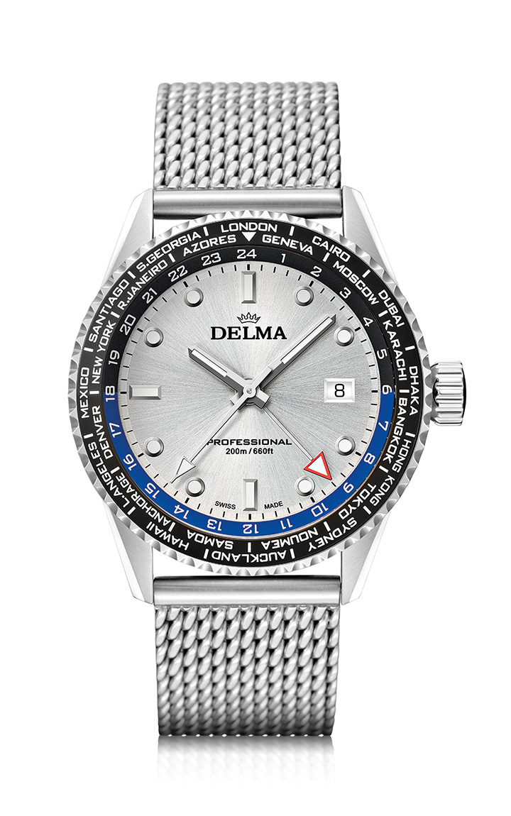 Delma Cayman Worldtimer with silver dial