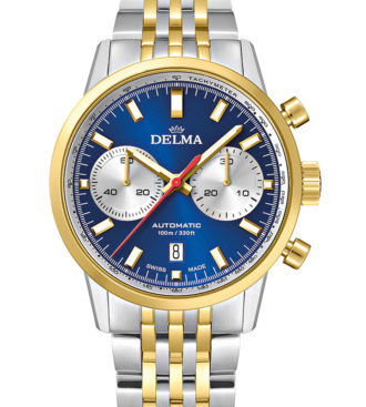 DELMA Continental Automatic Chronograph Bicompax, two-tone stainless steel yellow gold PVD with blue dial and silver counters