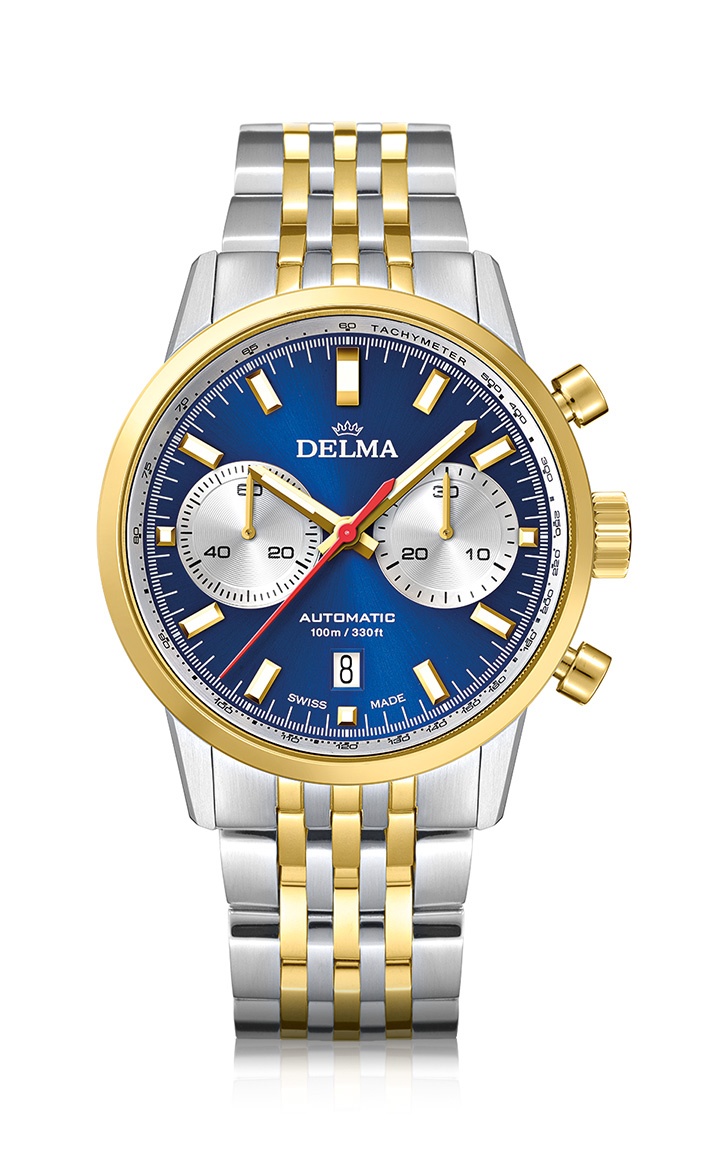 DELMA Continental Automatic Chronograph Bicompax, two-tone stainless steel yellow gold PVD with blue dial and silver counters