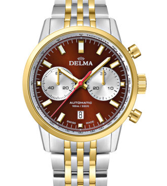DELMA Continental Automatic Chronograph Bicompax, two-tone stainless steel yellow gold PVD with brown dial and silver counters