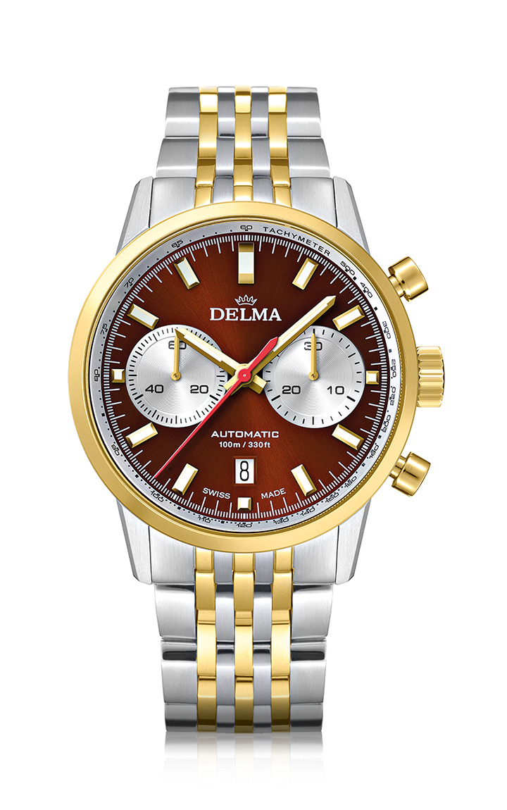 DELMA Continental Automatic Chronograph Bicompax, two-tone stainless steel yellow gold PVD with brown dial and silver counters