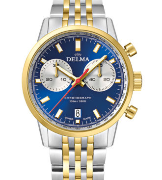 DELMA Continental Quartz Chronograph Bicompax, two-tone stainless steel yellow gold PVD with blue dial and silver counters