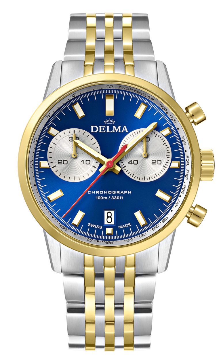 DELMA Continental Quartz Chronograph Bicompax, two-tone stainless steel yellow gold PVD with blue dial and silver counters