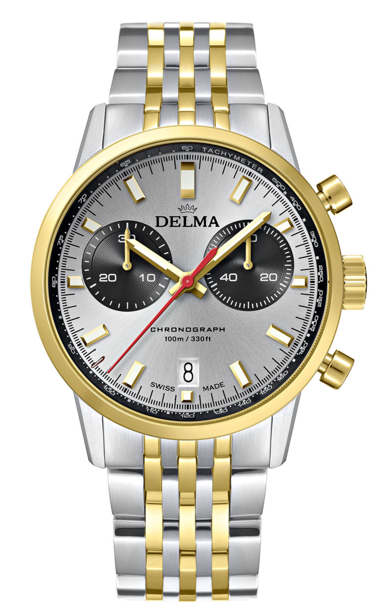 DELMA Continental Quartz Chronograph Bicompax, two-tone stainless steel yellow gold PVD with silver dial and black counters