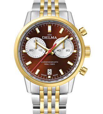DELMA Continental Quartz Chronograph Bicompax, two-tone stainless steel yellow gold PVD with brown dial and silver counters