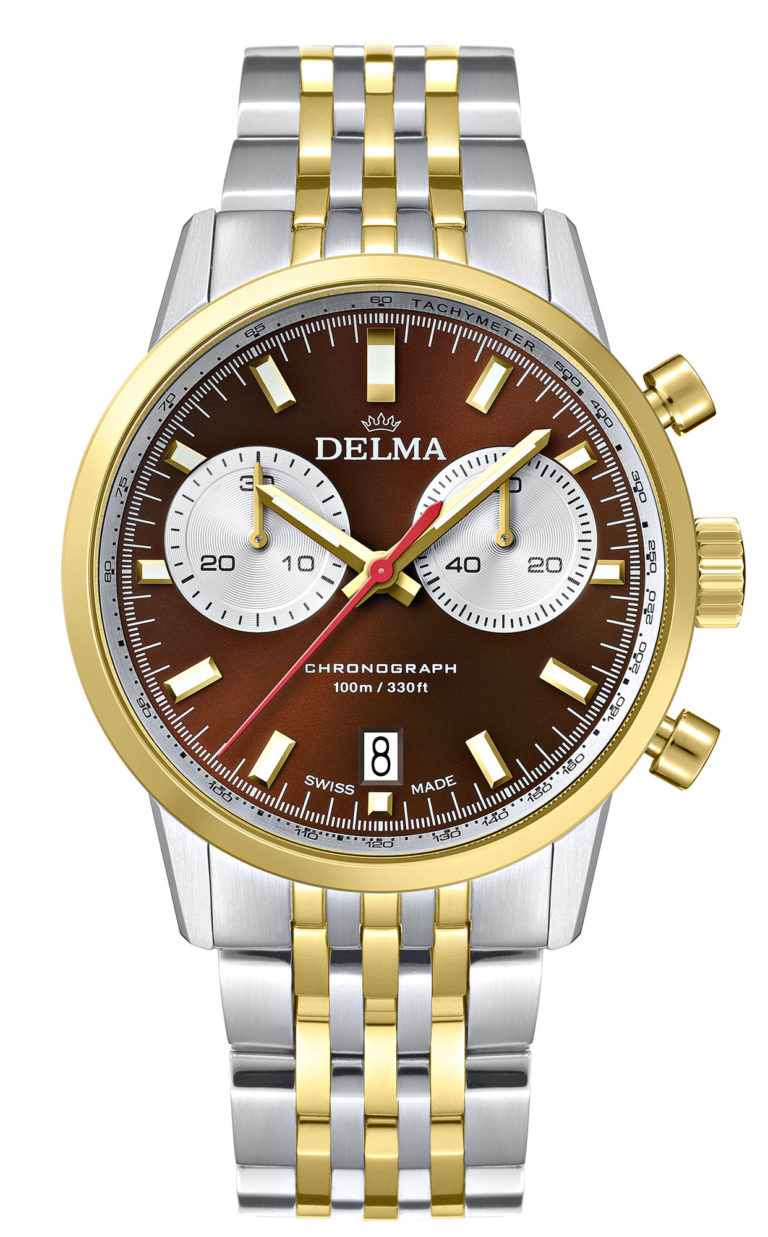 DELMA Continental Quartz Chronograph Bicompax, two-tone stainless steel yellow gold PVD with brown dial and silver counters