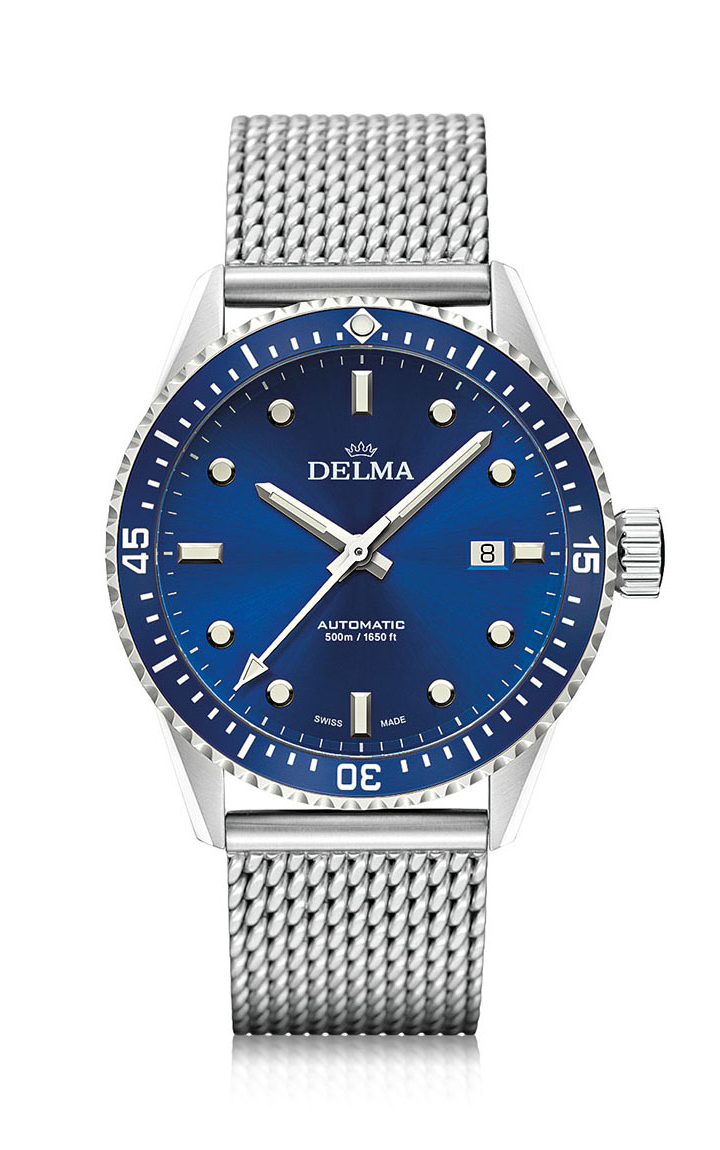 Delma Cayman diver's watch with blue dial and bezel on stainless steel mesh bracelet.