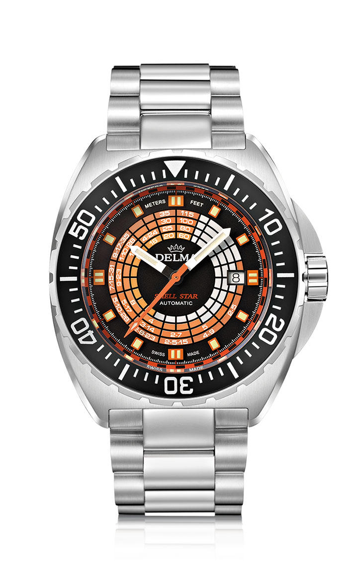 Delma Shell Star Decompression Timer with stainless steel bracelet and black unidirectional bezel