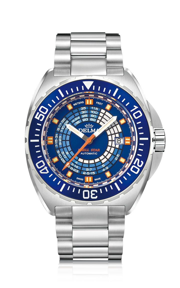 Delma Shell Star Decompression Timer with stainless steel bracelet and blue unidirectional bezel