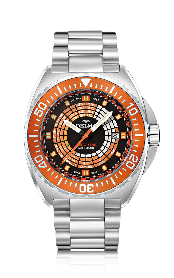 Delma Shell Star Decompression Timer with stainless steel bracelet and blue unidirectional bezel
