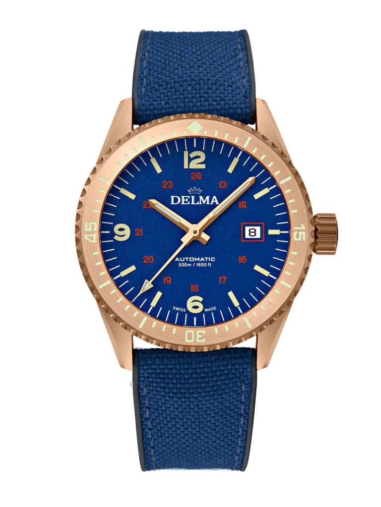 Delma Cayman Bronze with blue dial and blue hybrid rubber strap