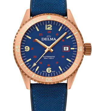 Delma Cayman Bronze with blue dial and blue hybrid rubber strap