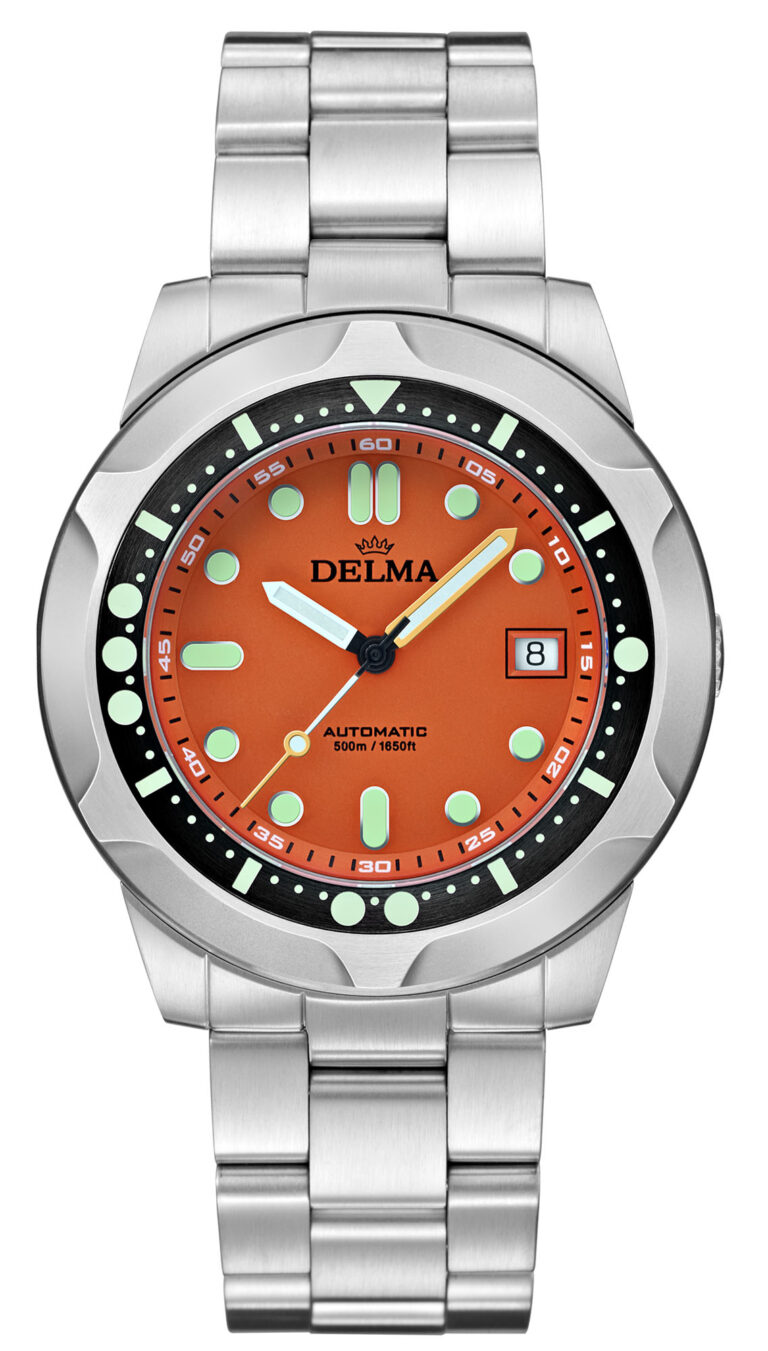 DELMA Quattro in stainless steel with orange dial and black DLC unidirectional diver bezel