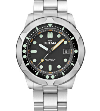 DELMA Quattro in stainless steel with black dial and black DLC unidirectional diver bezel