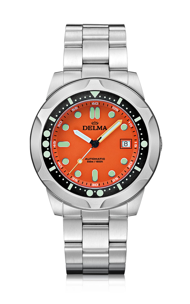 DELMA Quattro in stainless steel with orange dial and black DLC unidirectional diver bezel