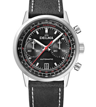 DELMA Continental Pulsometer Chronograph with black dial and black leather strap