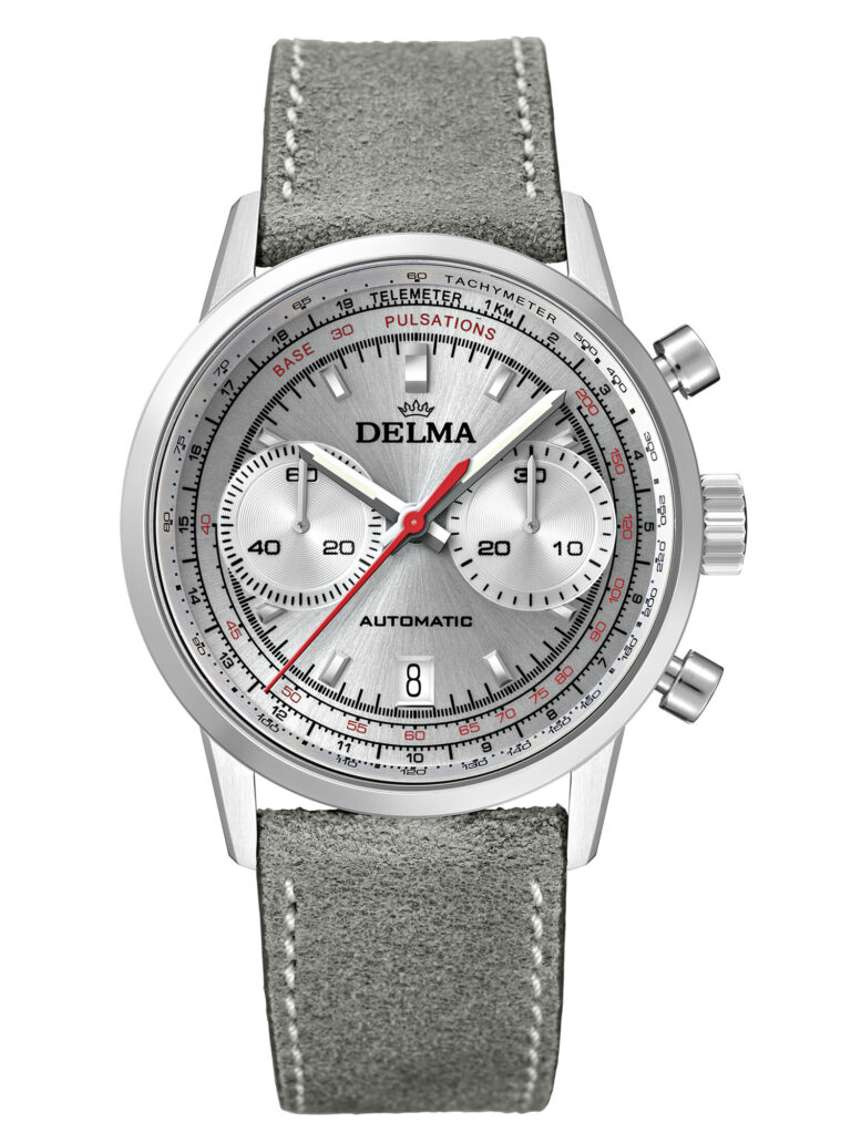 DELMA Continental Pulsometer Chronograph with silver dial and grey leather strap