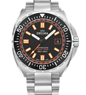 Delma Shell Star Titanium with black sandtextured dial, 41mm in diameter