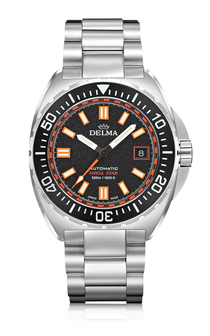 Delma Shell Star Titanium with black sandtextured dial, 41mm in diameter