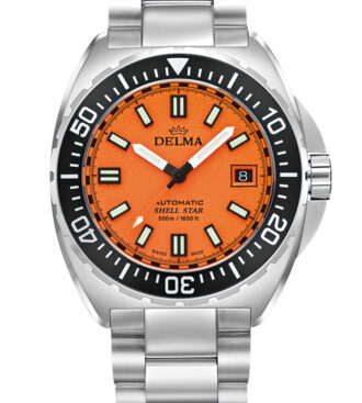 Delma Shell Star Titanium with orange sandtextured dial, 41mm in diameter