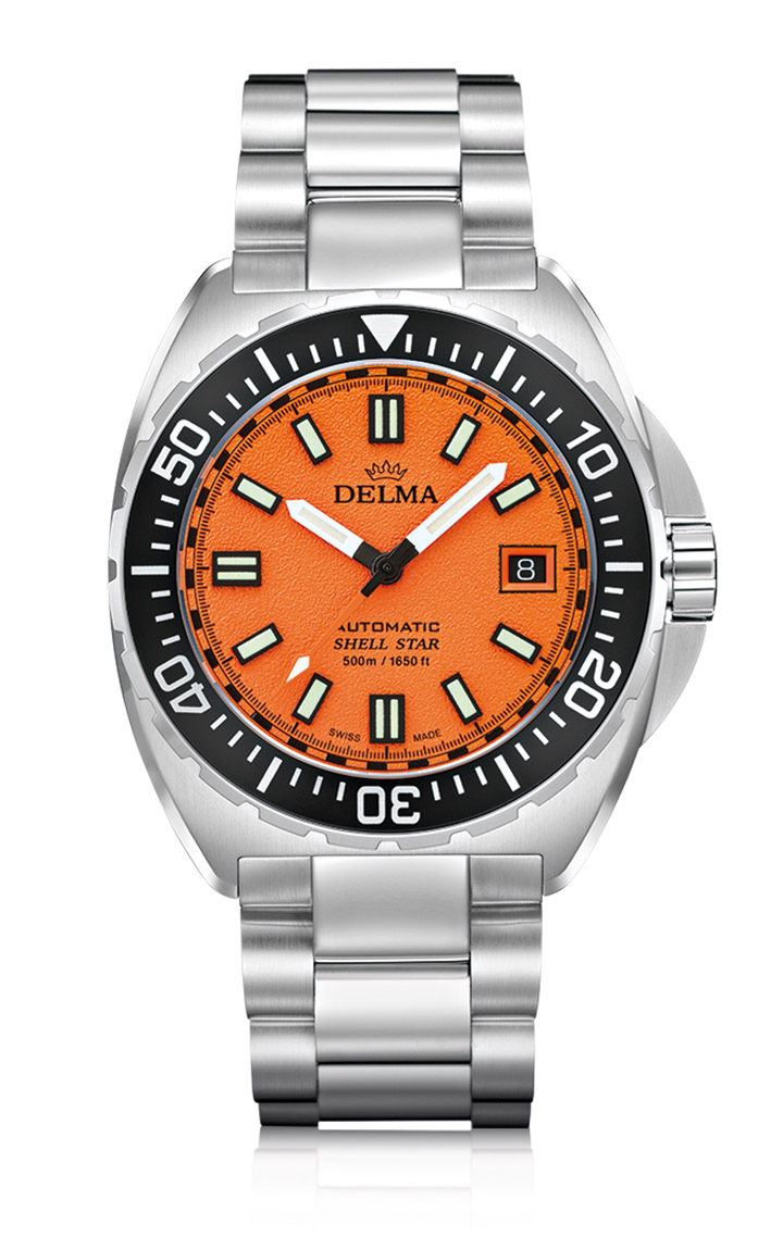 Delma Shell Star Titanium with orange sandtextured dial, 41mm in diameter