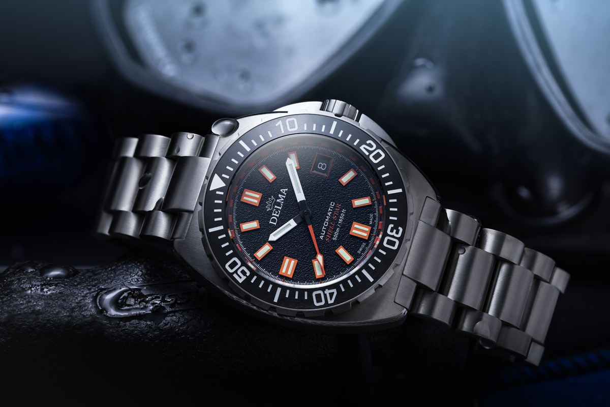 Delma Shell Star Titanium with black dial and dive gear