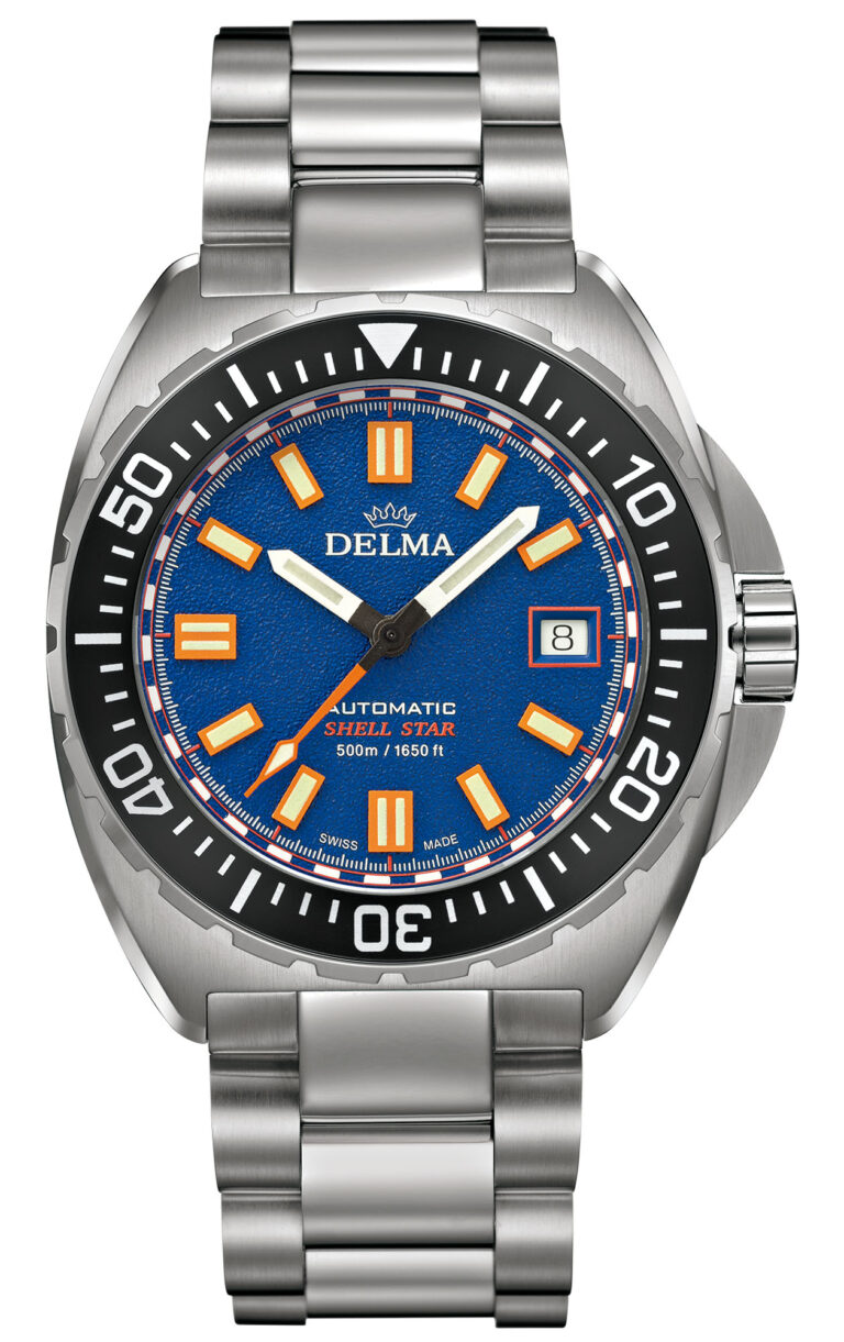 Delma Shell Star Titanium with blue sandtextured dial, 41mm in diameter